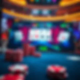 A vibrant online poker game interface displaying cards and chips
