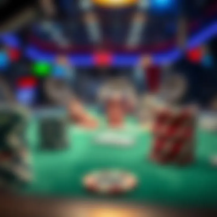 Close-up of a poker table with chips and cards
