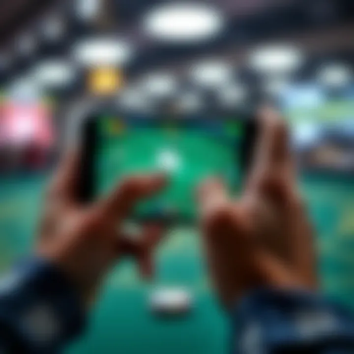 A close-up of a hand interacting with a mobile gaming app, showcasing a card game.
