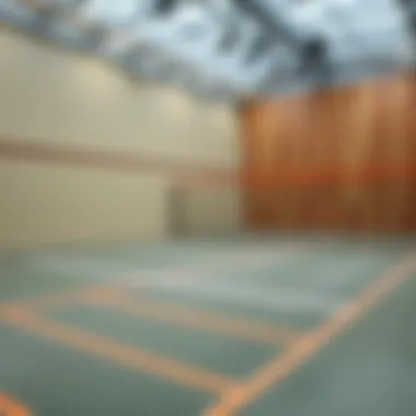 A close-up of a squash court showcasing its dimensions and unique design