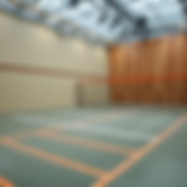 A close-up of a squash court showcasing its dimensions and unique design