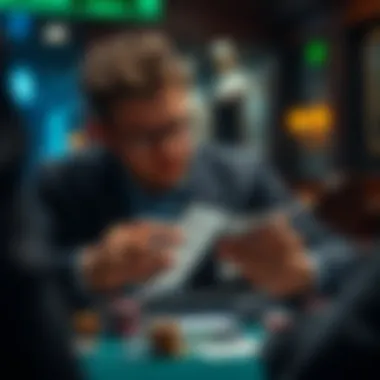 A strategic poker player analyzing their cards and calculating odds