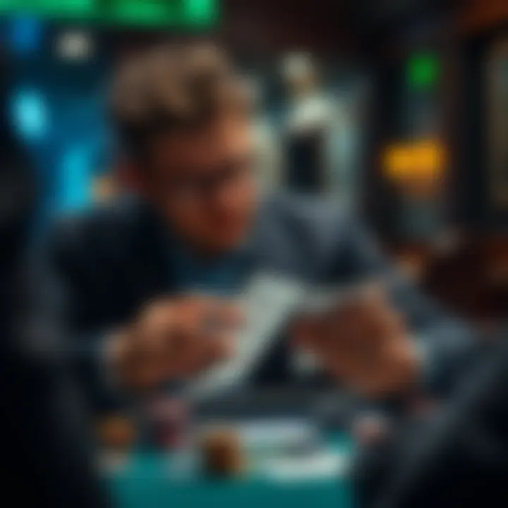 A strategic poker player analyzing their cards and calculating odds