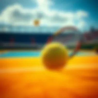 An elegant tennis serve captured mid-motion on a vibrant court